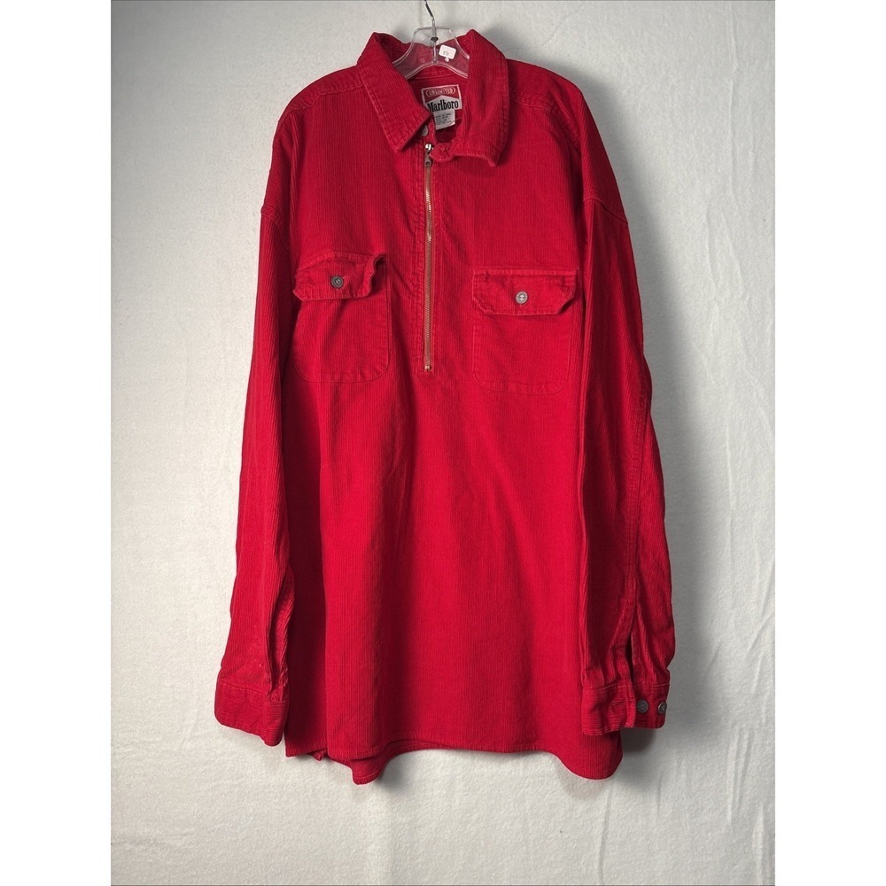 VTG Marlboro Shirt Men Extra Large Red Corduroy Baggy Overshirt Half Zip L #1448